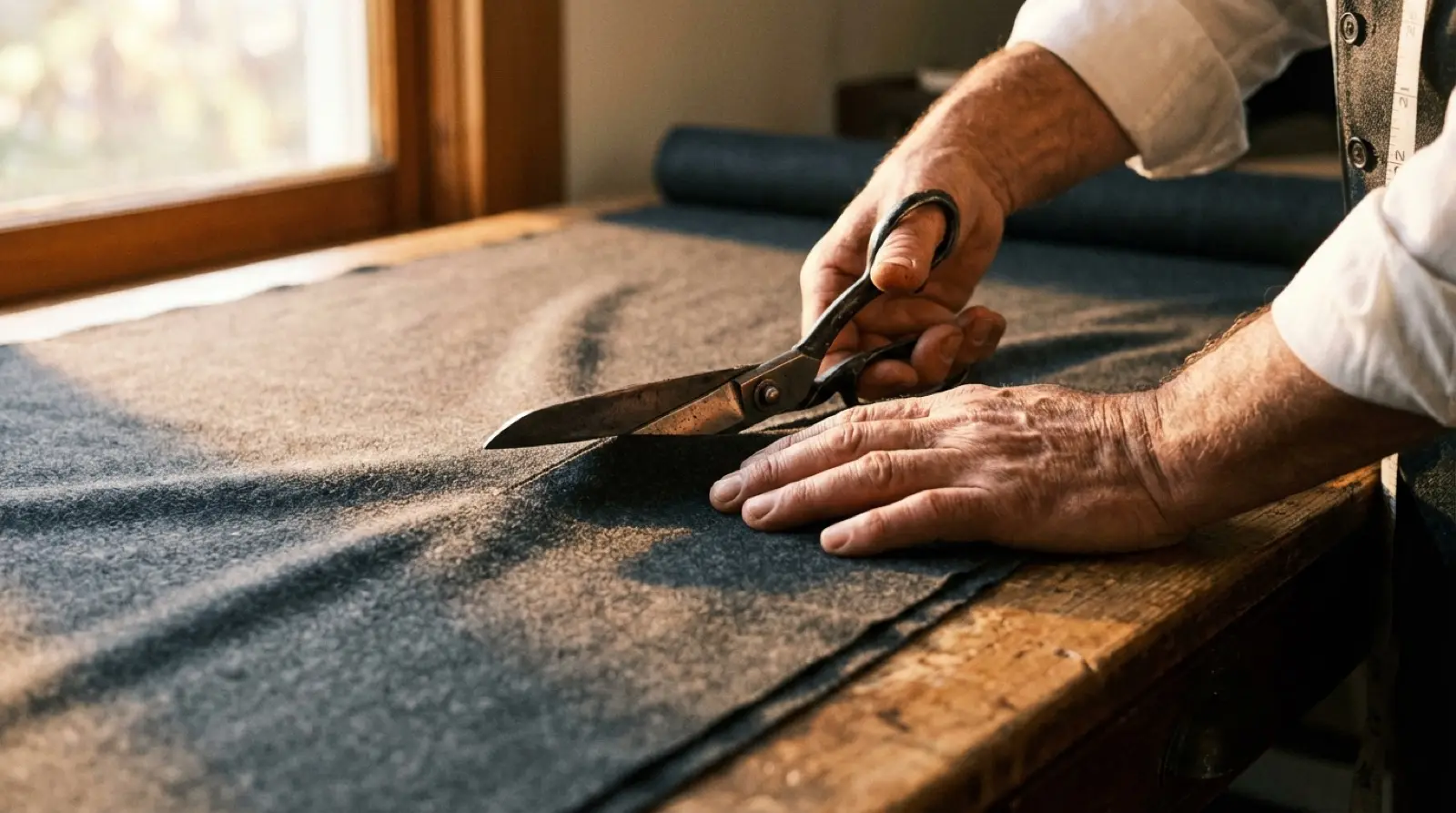 Hands cutting premium suiting fabric