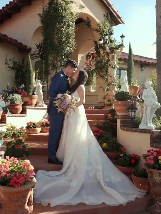 Bride and Kavalier groom kissing in a garden, coordinated but not matching, March 2026